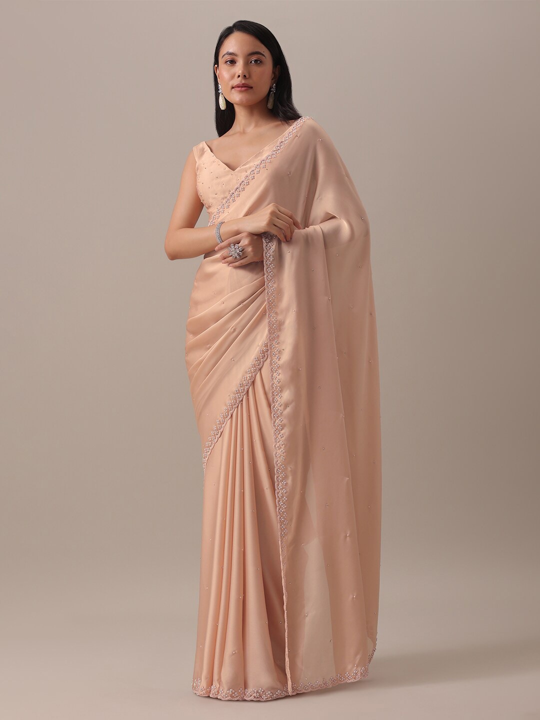 

KALKI Fashion Embellished Beads and Stones Satin Saree, Peach