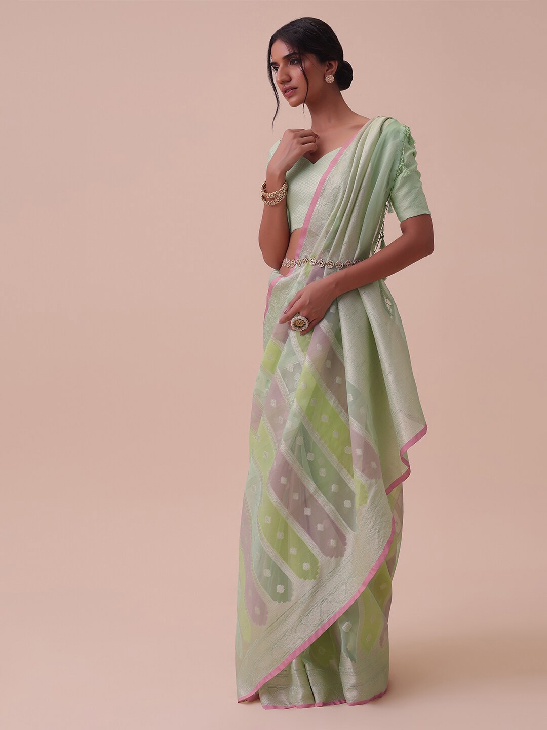 

KALKI Fashion Ethnic Motifs Woven Design Zari Silk Cotton Saree, Green
