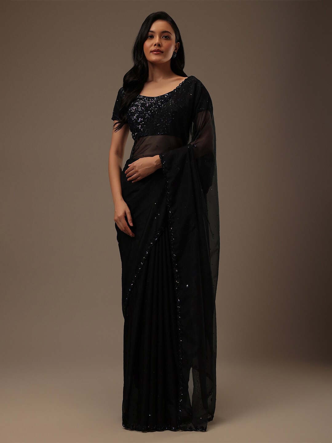 

KALKI Fashion Embellished Beads & Stones Organza Saree, Black