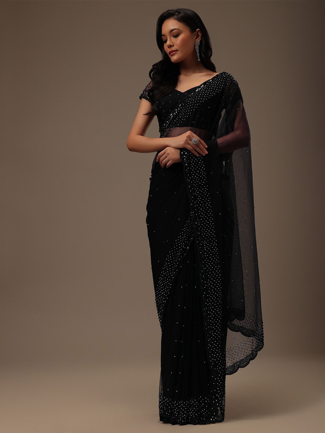 

KALKI Fashion Embellished Beads & Stones Net Saree, Black