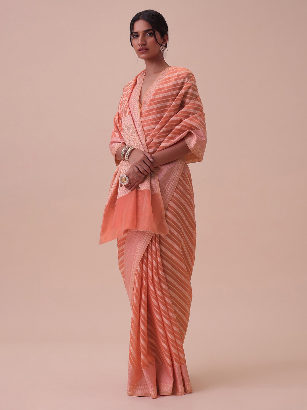 

KALKI Fashion Striped Zari Silk Cotton Saree, Orange