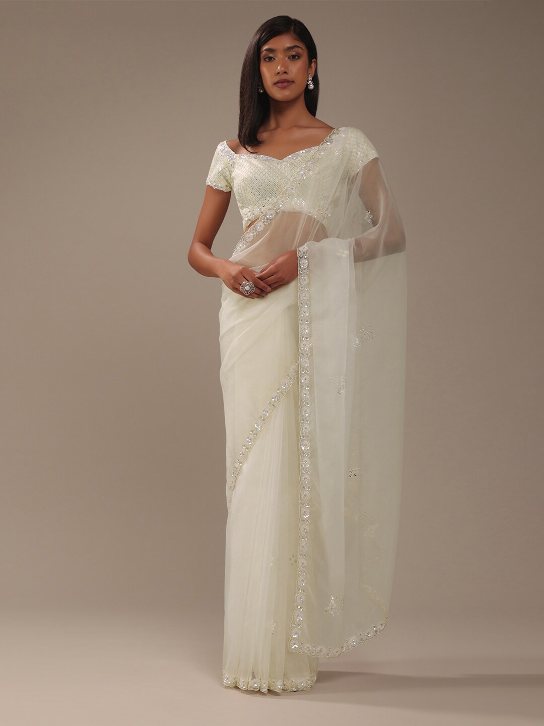 

KALKI Fashion Embellished Beads & Stones Organza Saree, White