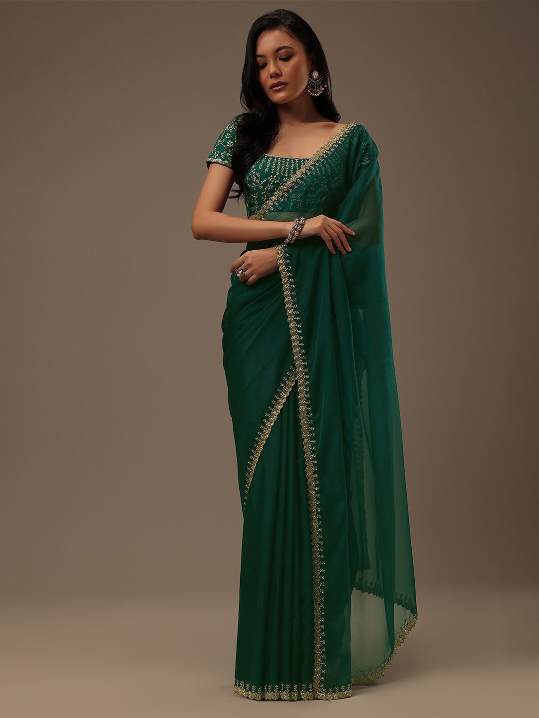 

KALKI Fashion Embellished Beads & Stones Organza Saree, Teal