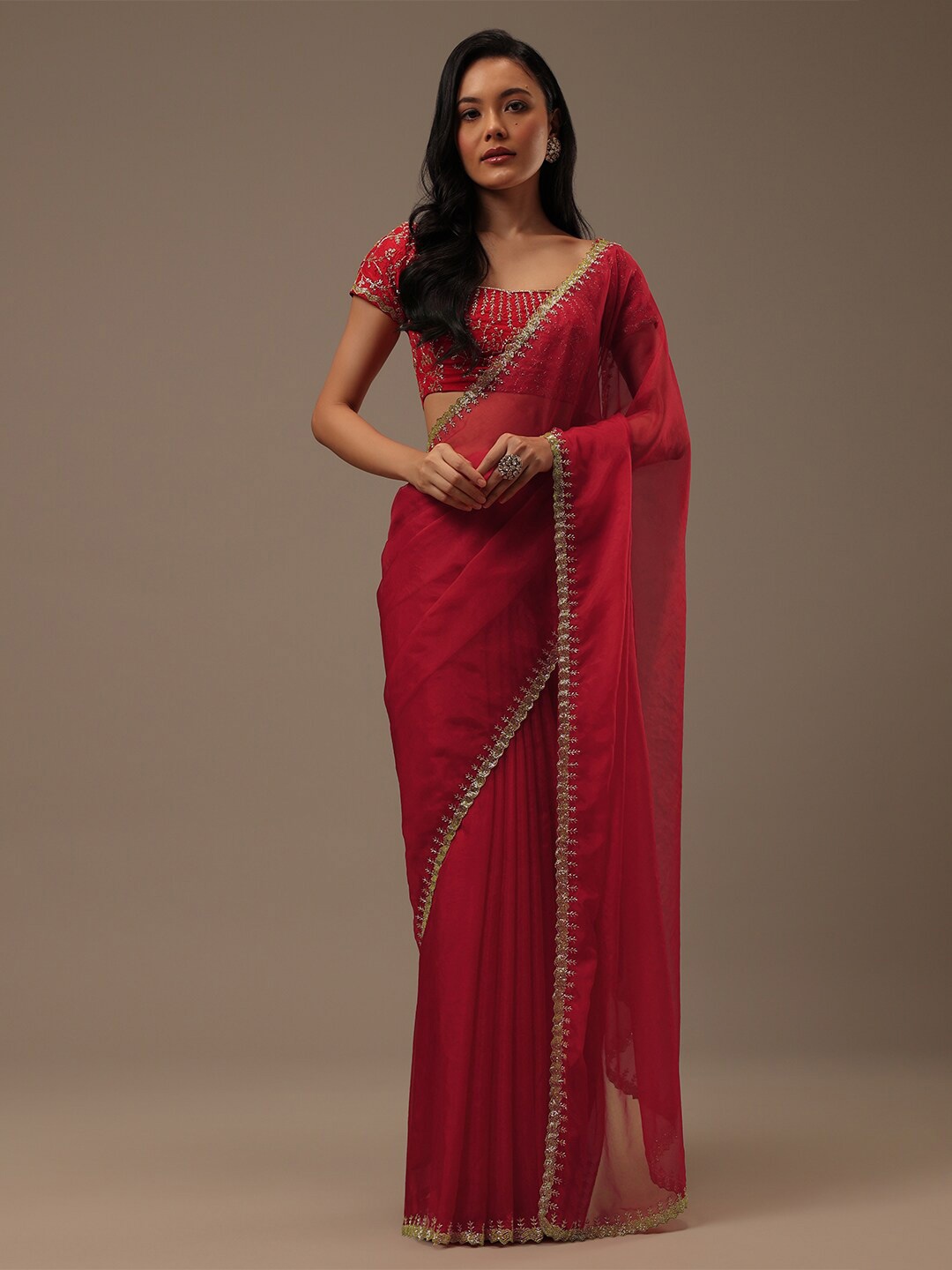 

KALKI Fashion Embellished Beads & Stones Organza Saree, Red