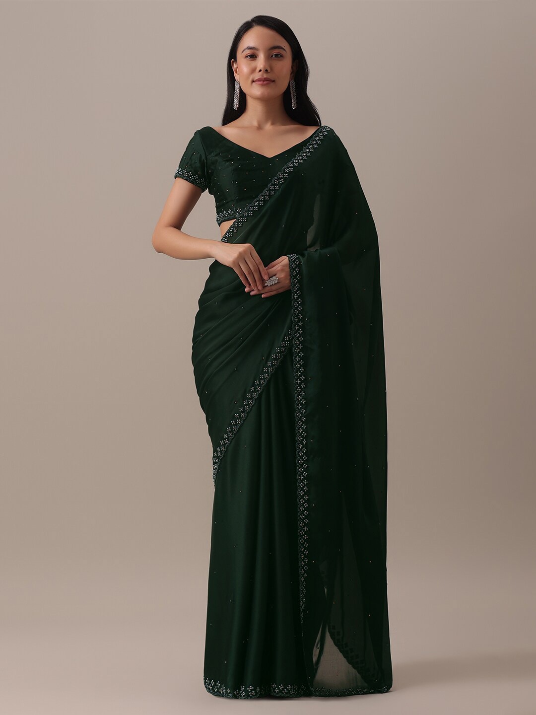

KALKI Fashion Embellished Beads & Stones Satin Saree, Green