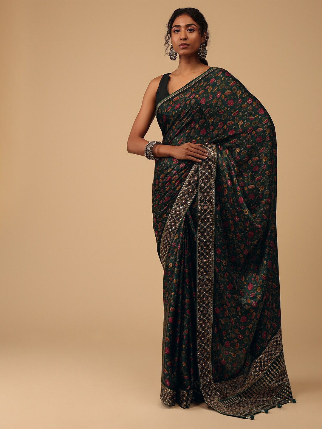 

KALKI Fashion Floral Printed Mirror Work Satin Saree, Green