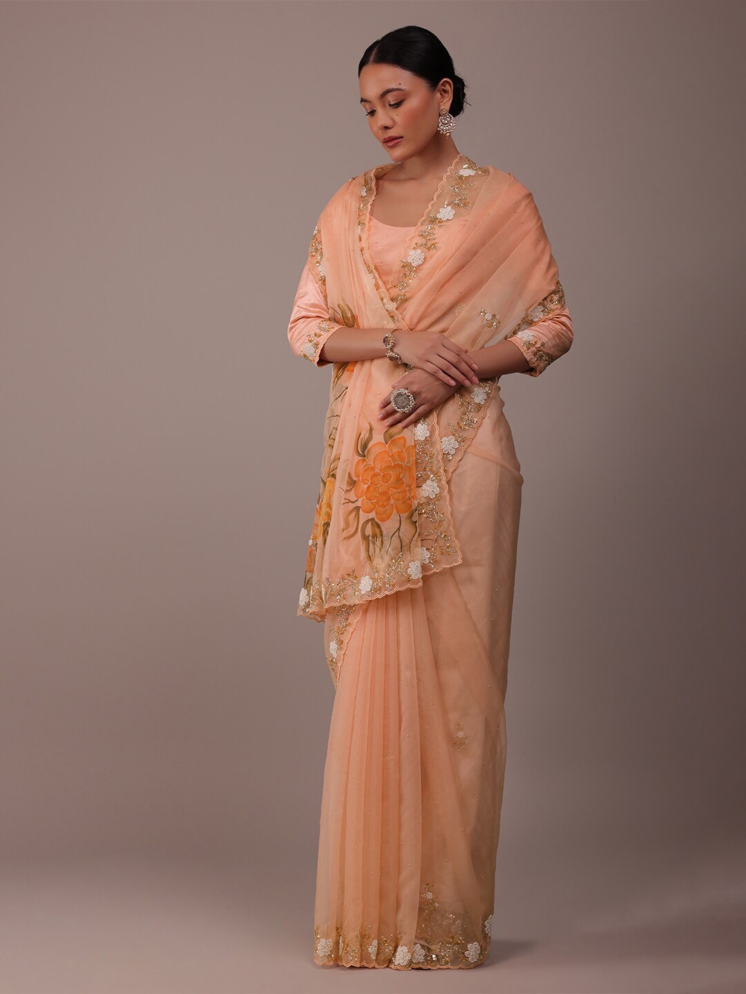 

KALKI Fashion Floral Embroidered Beads and Stones Organza Saree, Peach