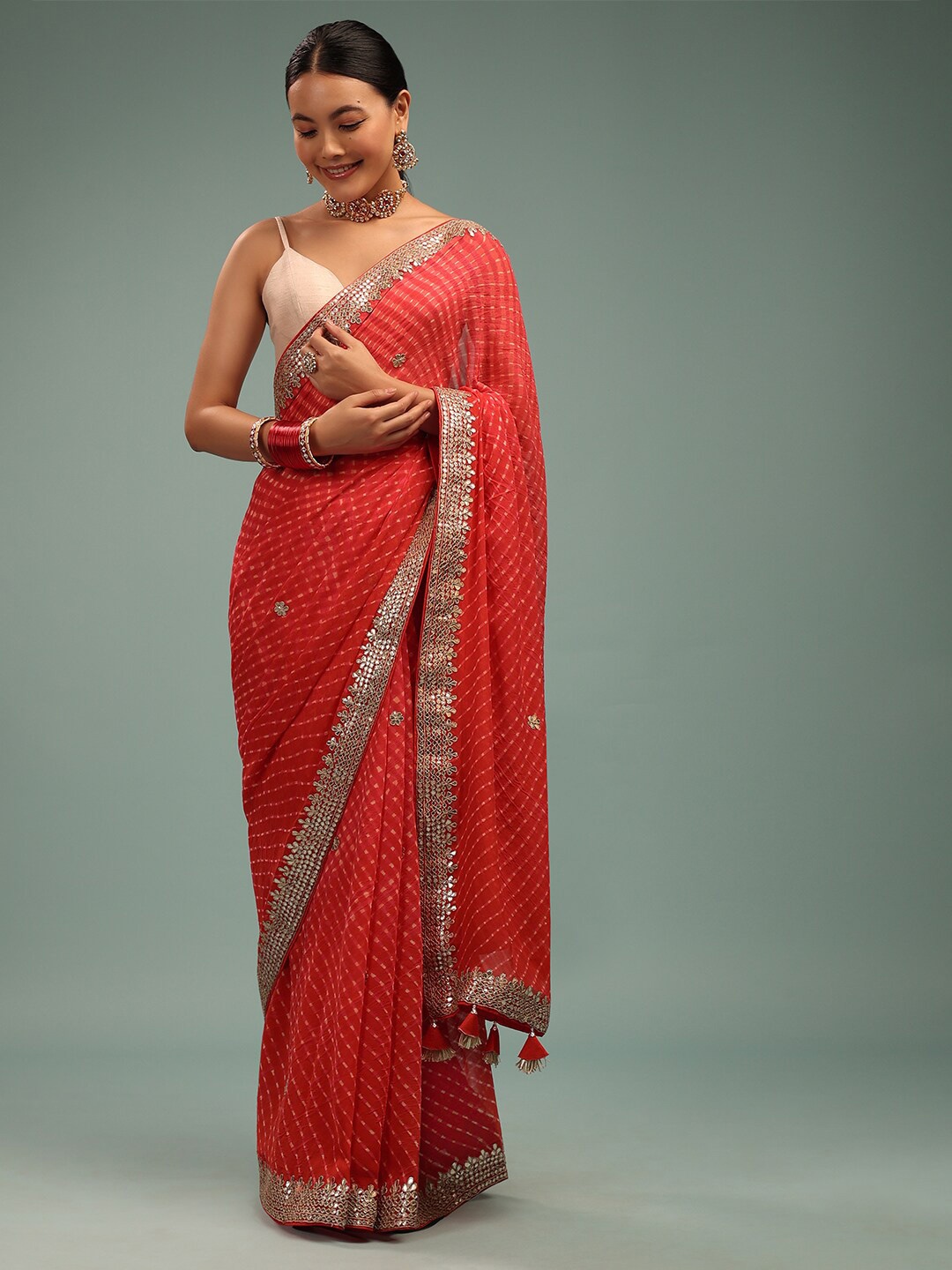 

KALKI Fashion Striped Embroidered Organza Saree, Orange