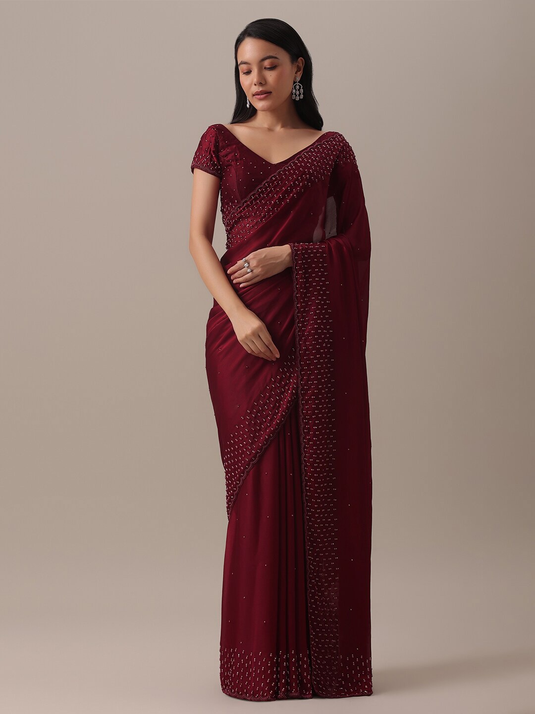 

KALKI Fashion Embellished Beads and Stones Satin Saree, Red