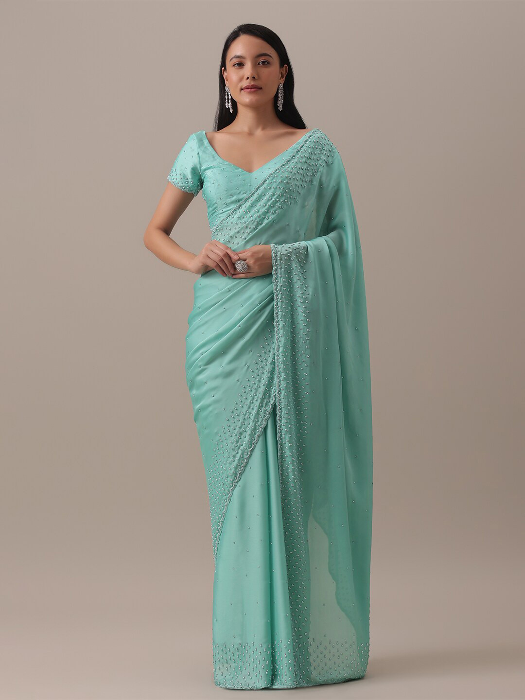 

KALKI Fashion Embellished Beads and Stones Satin Saree, Blue