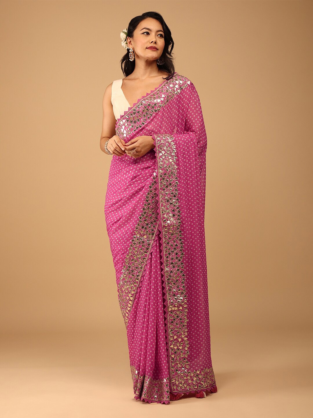 

KALKI Fashion Bandhani Printed Mirror Work Silk Cotton Saree, Pink