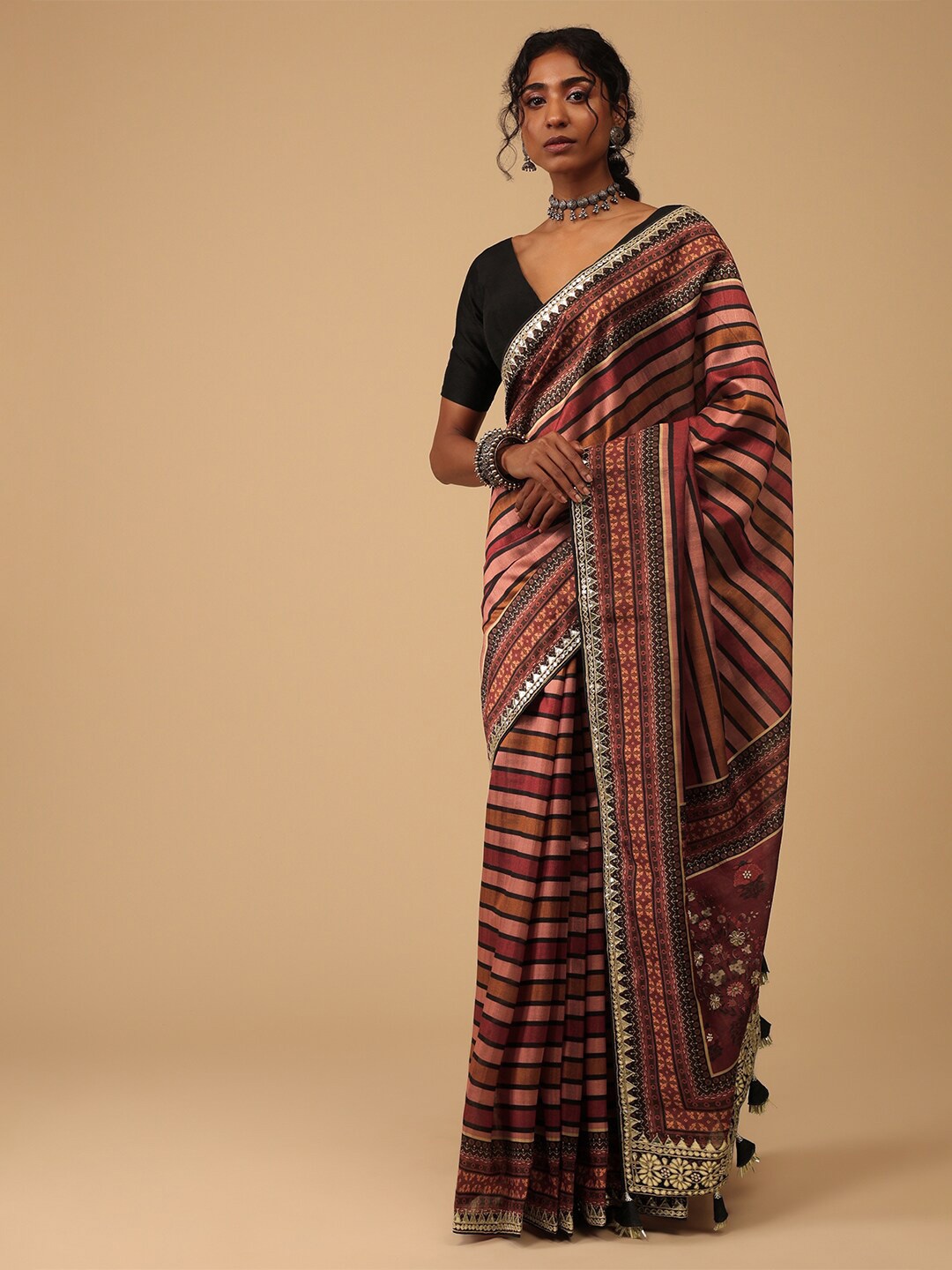 

KALKI Fashion Striped Mirror Work Silk Cotton Saree, Pink