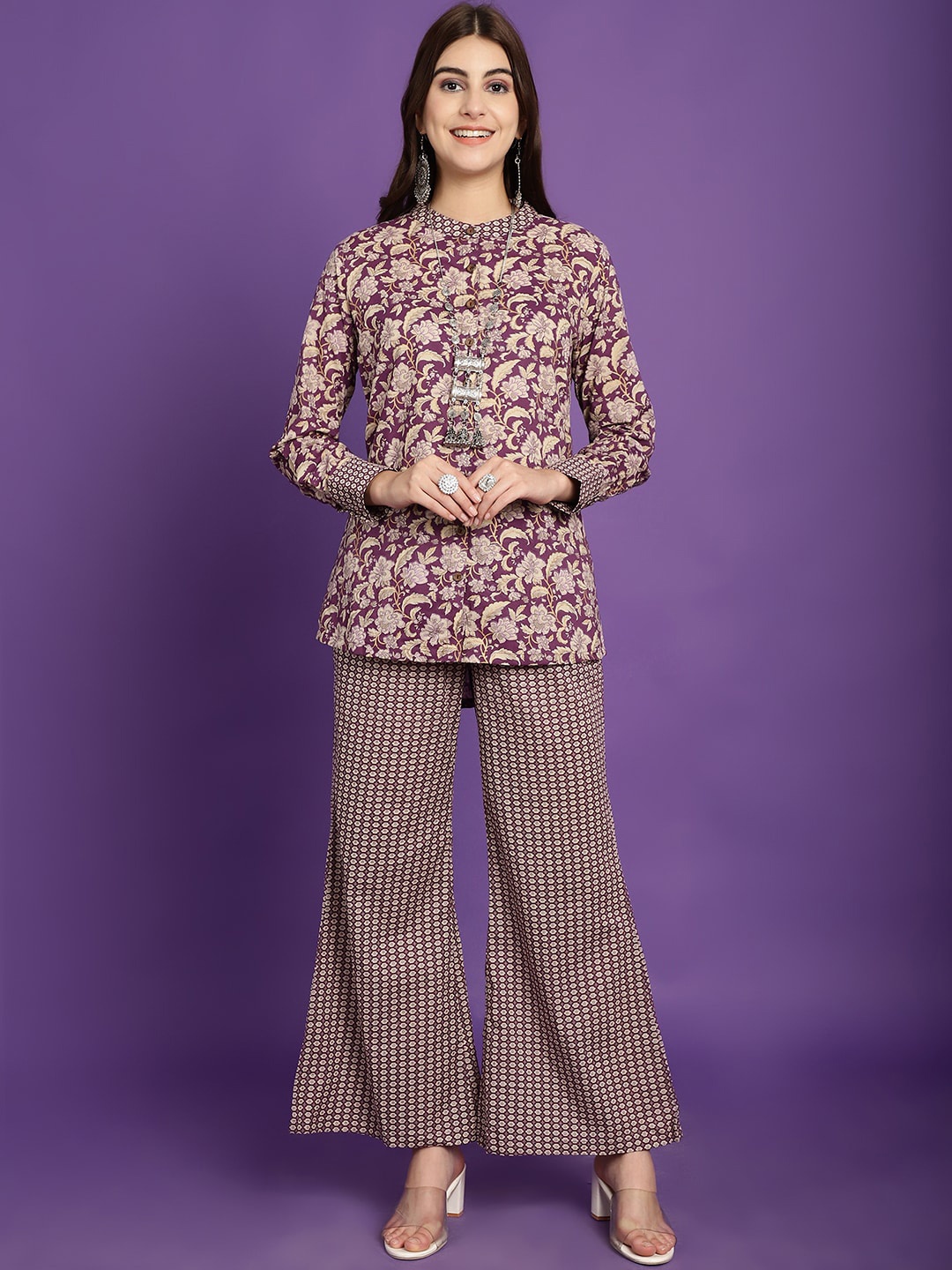 

Claura Purple Floral Printed Band Collar Pure Cotton Shirt With Palazzo