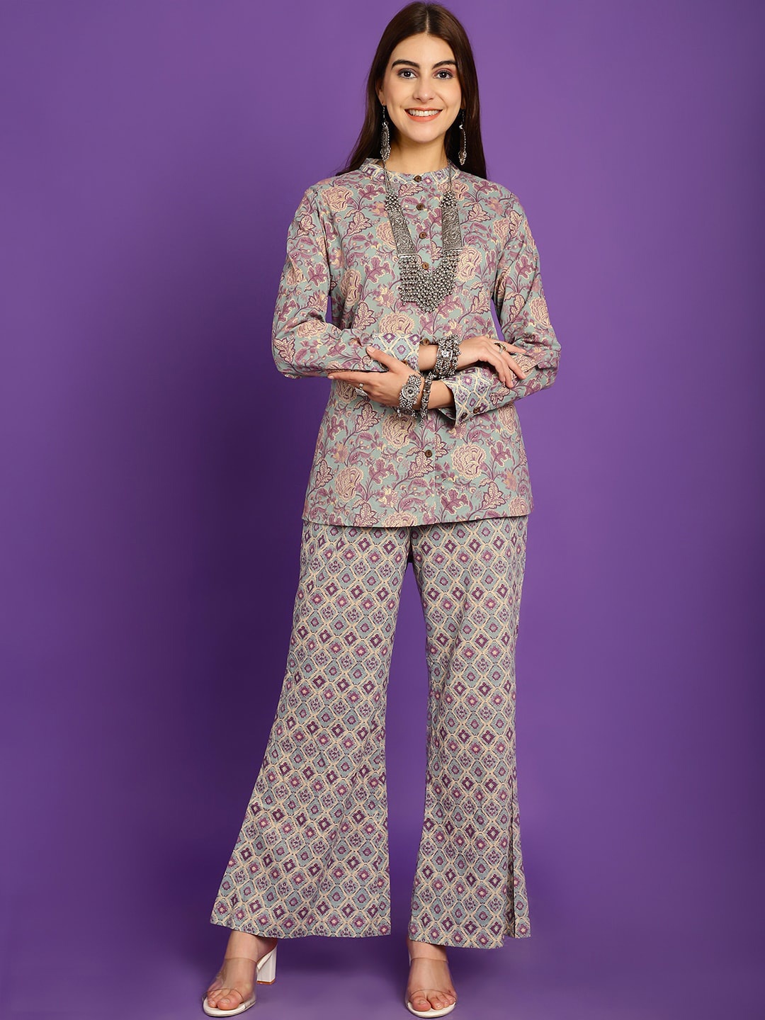 

Claura Green Floral Printed Band Collar Pure Cotton Shirt With Palazzo