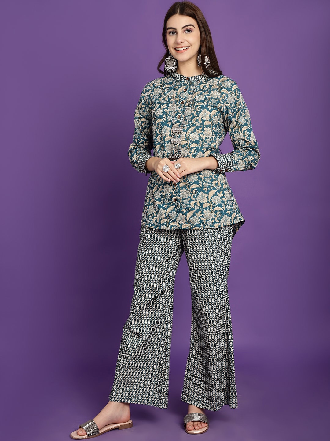 

Claura Blue Floral Printed Band Collar Pure Cotton Shirt With Palazzo