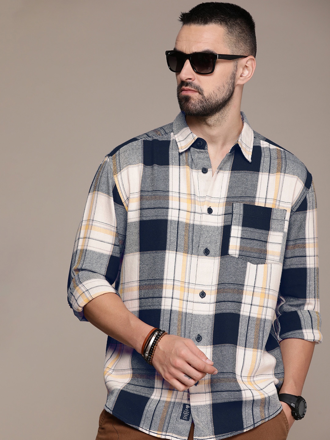 

Roadster Men Relaxed Checked Oversized Pure Cotton Casual Shirt, Navy blue