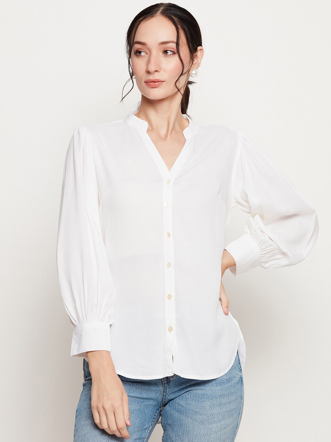 Ruhaans Mandarin Collar Classic Casual Shirt, White