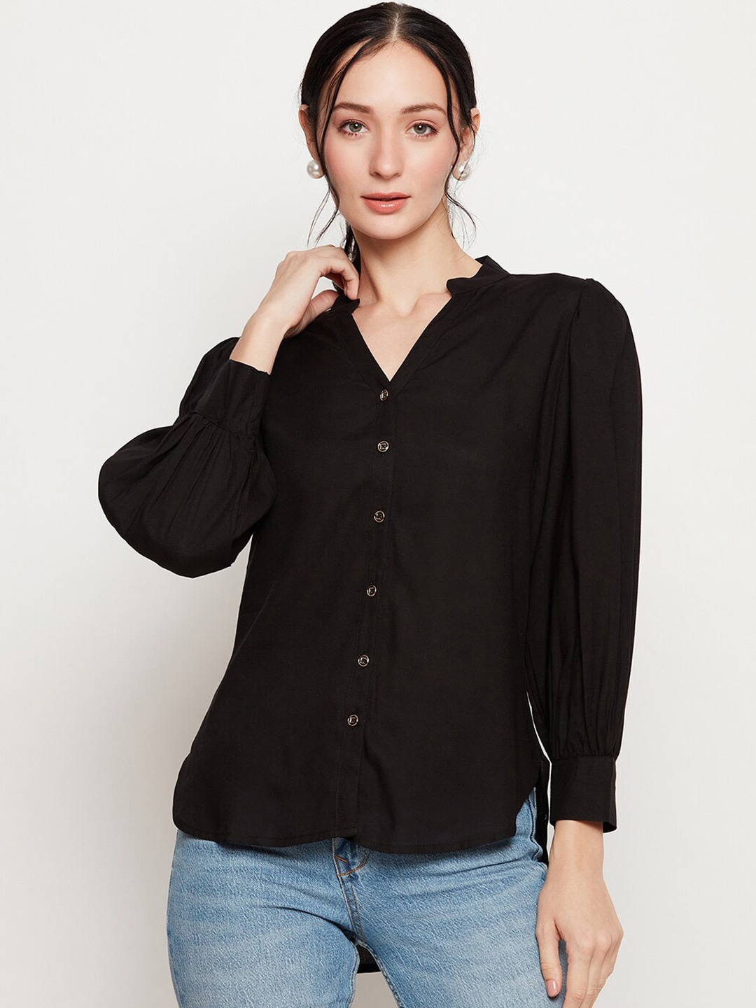 

Ruhaans Mandarin Collar Classic Casual Shirt, Black