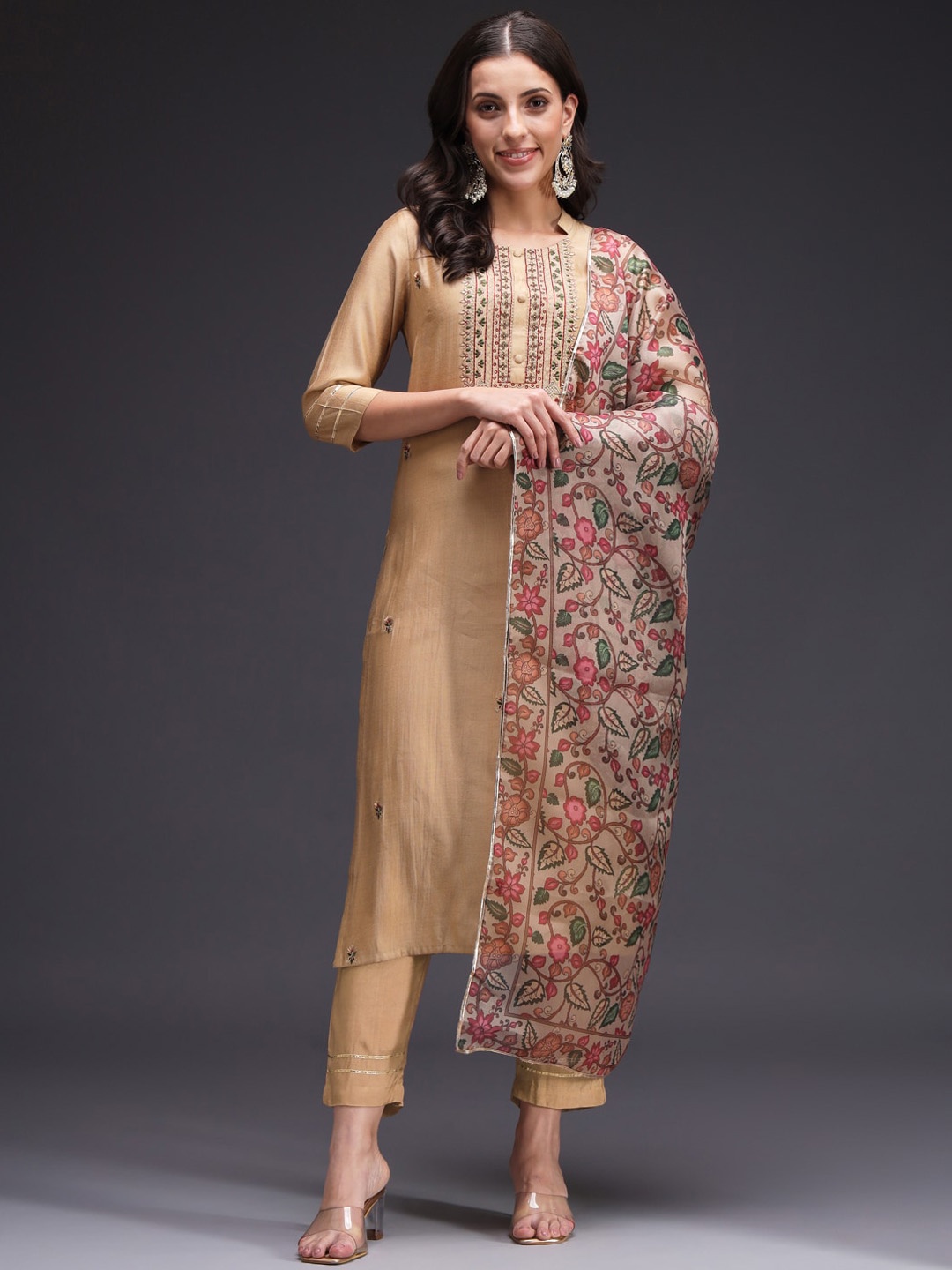 

HEEPOSH Ethnic Motifs Embroidered Thread Work Straight Kurta With Trousers & Dupatta, Beige