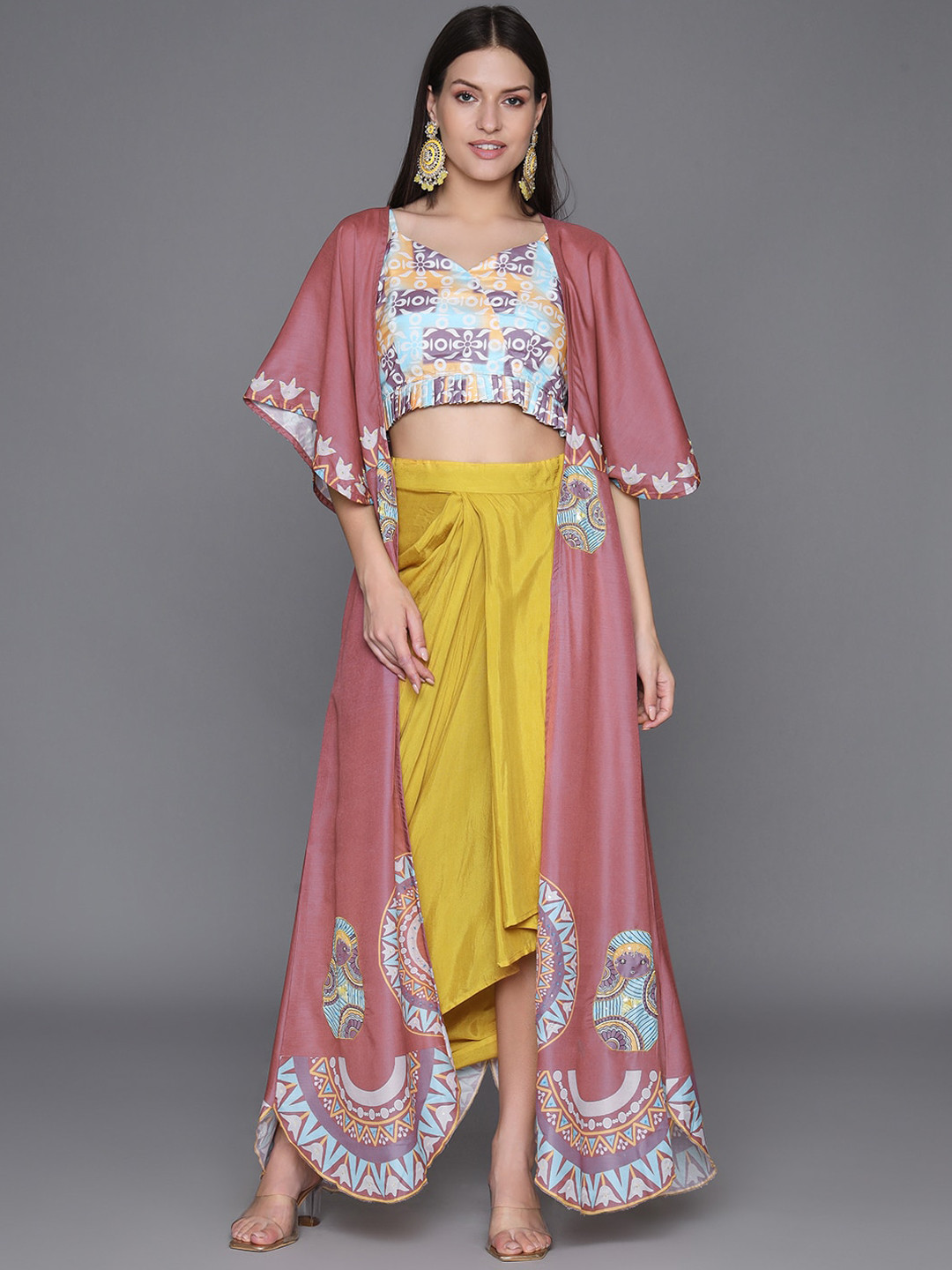 

HEEPOSH Floral Printed Top With Skirt And Jacket, Blue