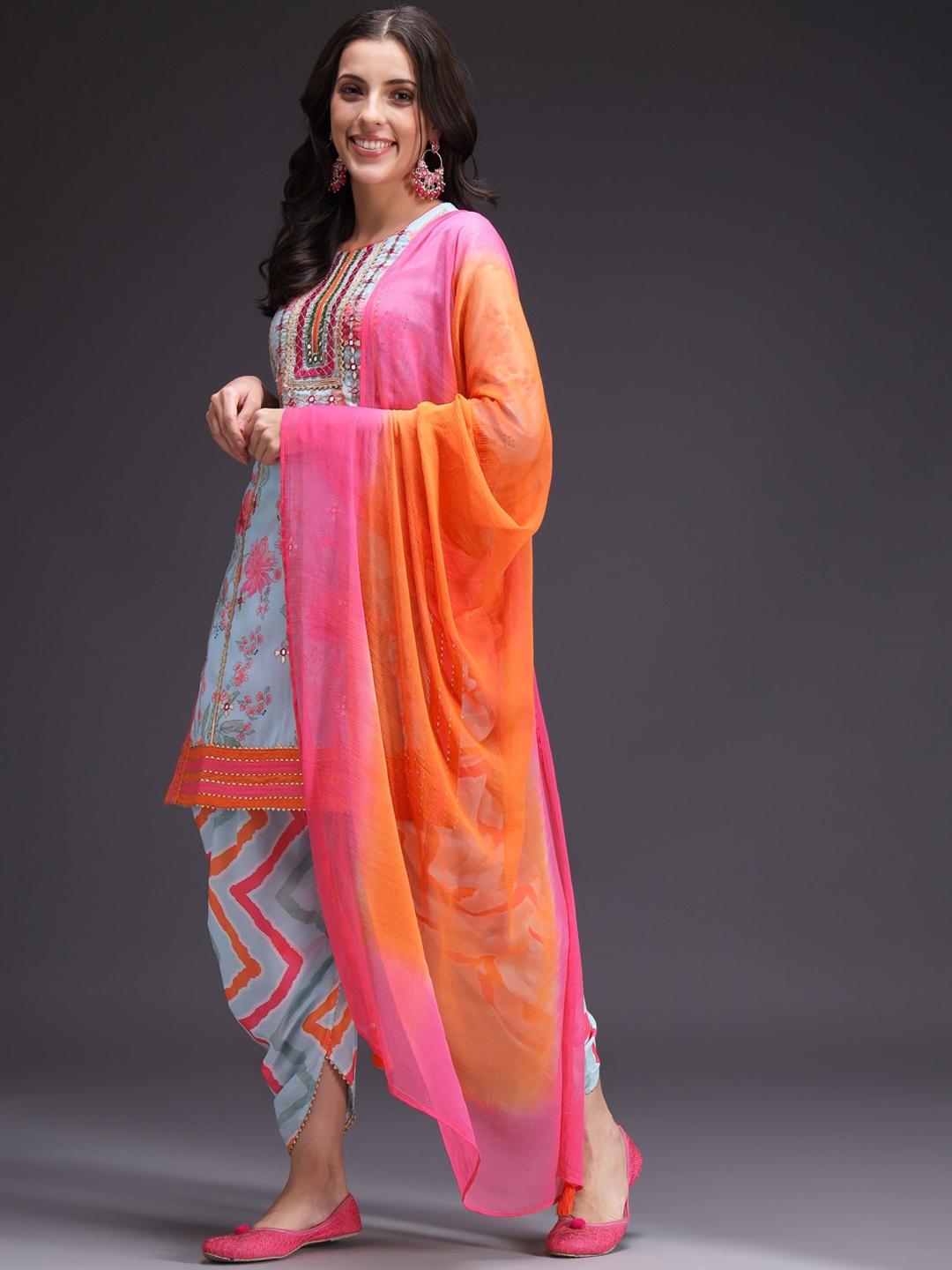 HEEPOSH Floral Printed Round Neck Regular Mirror Work Kurta With Dhoti Pants & Dupatta, Blue