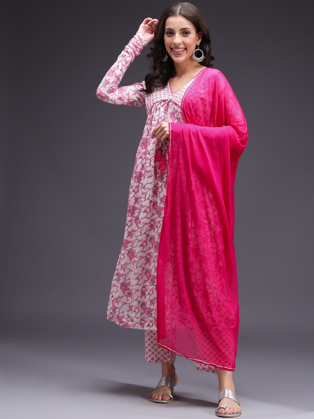 

HEEPOSH Pink Floral Printed Sequined Kurta with Trousers & Dupatta