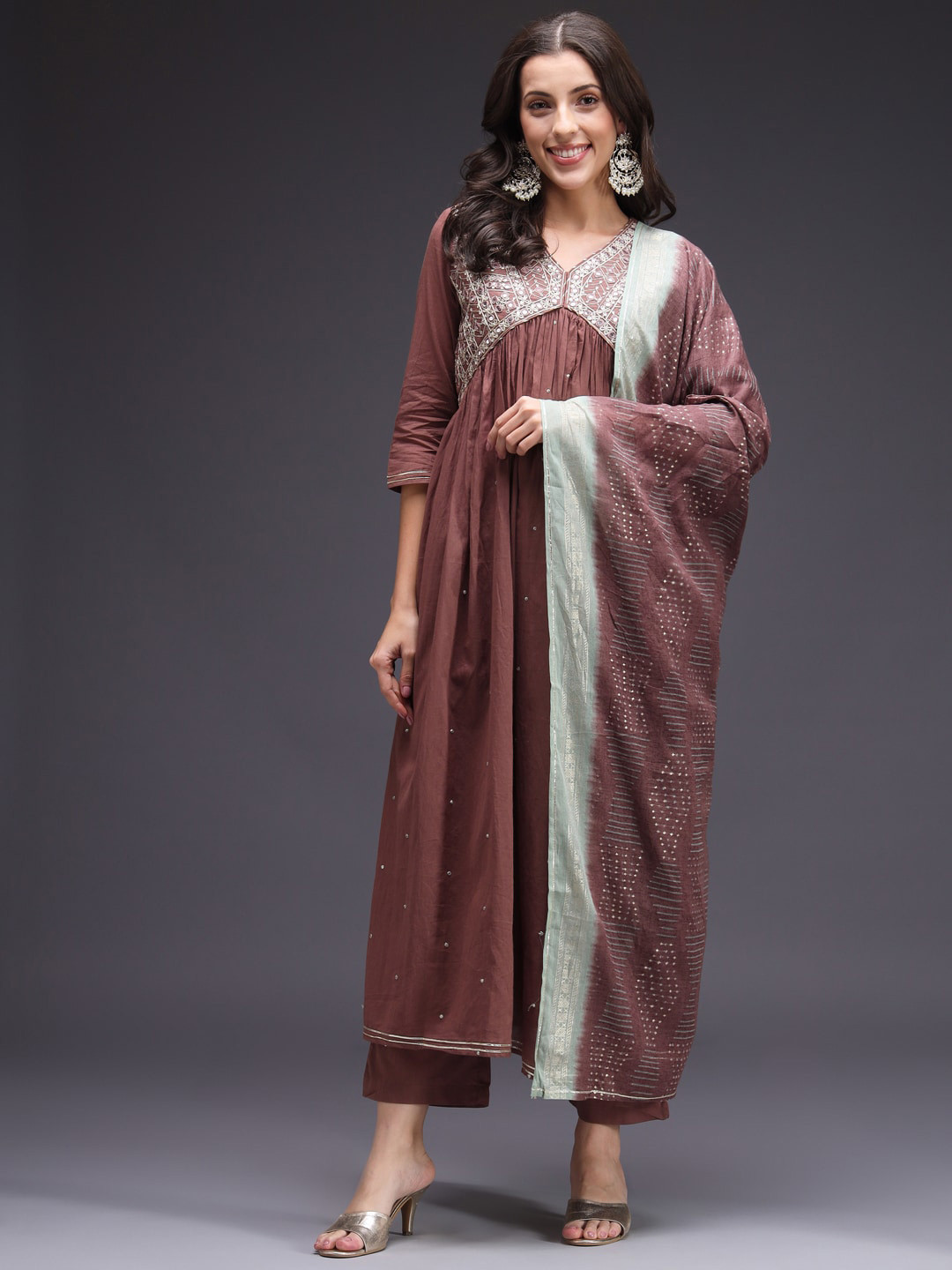 

HEEPOSH Ethnic Motifs Yoke Design Mirror Work A-Line Kurta & Trousers With Dupatta, Brown