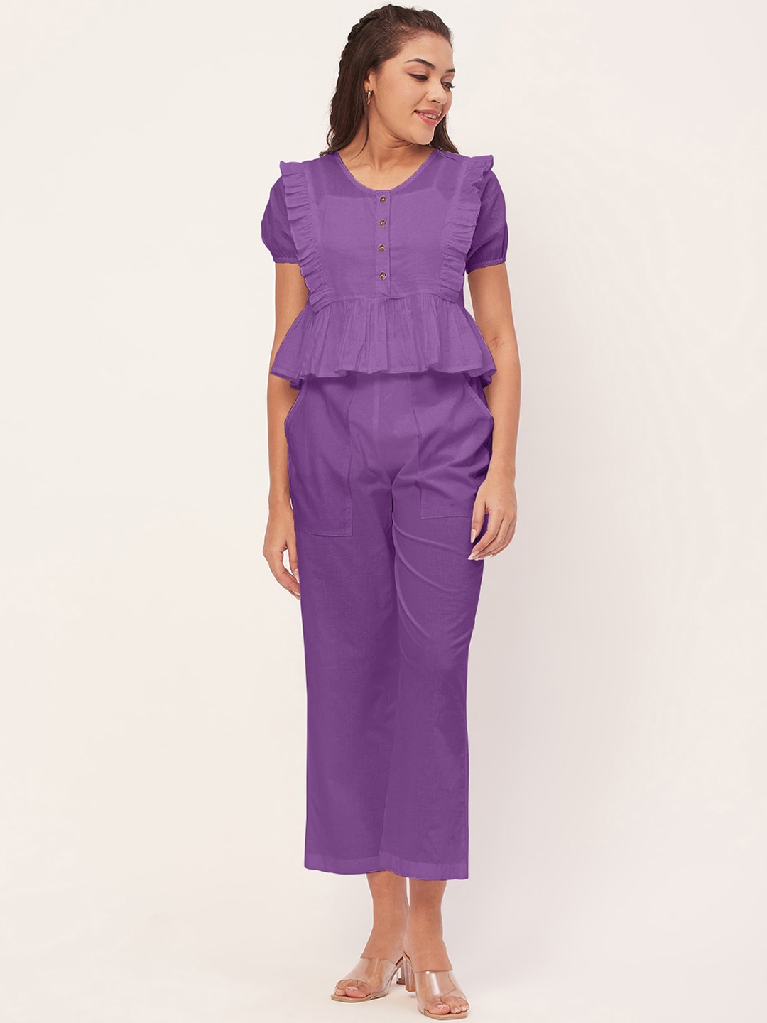 

Moomaya Round-Neck Pure Cotton Ruffles & Flounces Top With Trouser, Purple