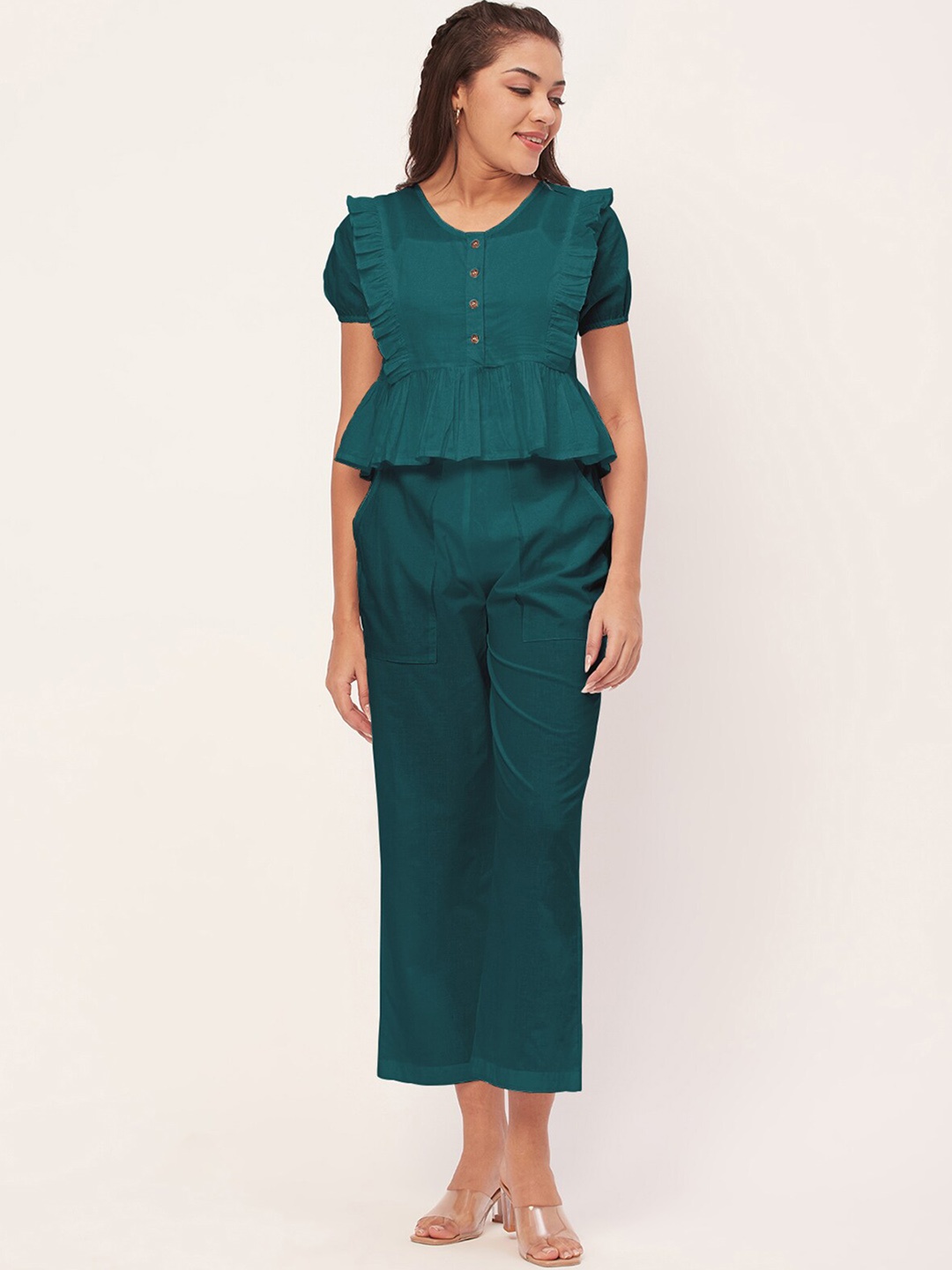 

Moomaya Round-Neck Pure Cotton Ruffles & Flounces Top With Trouser, Teal