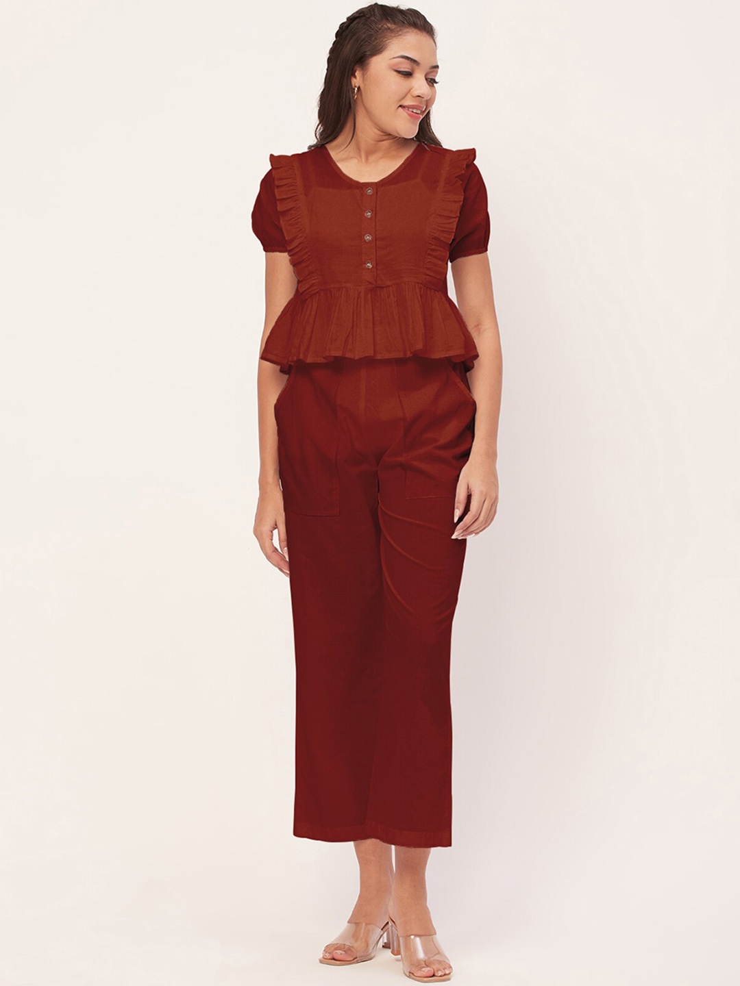 

Moomaya Round-Neck Pure Cotton Ruffles & Flounces Top With Trouser, Red