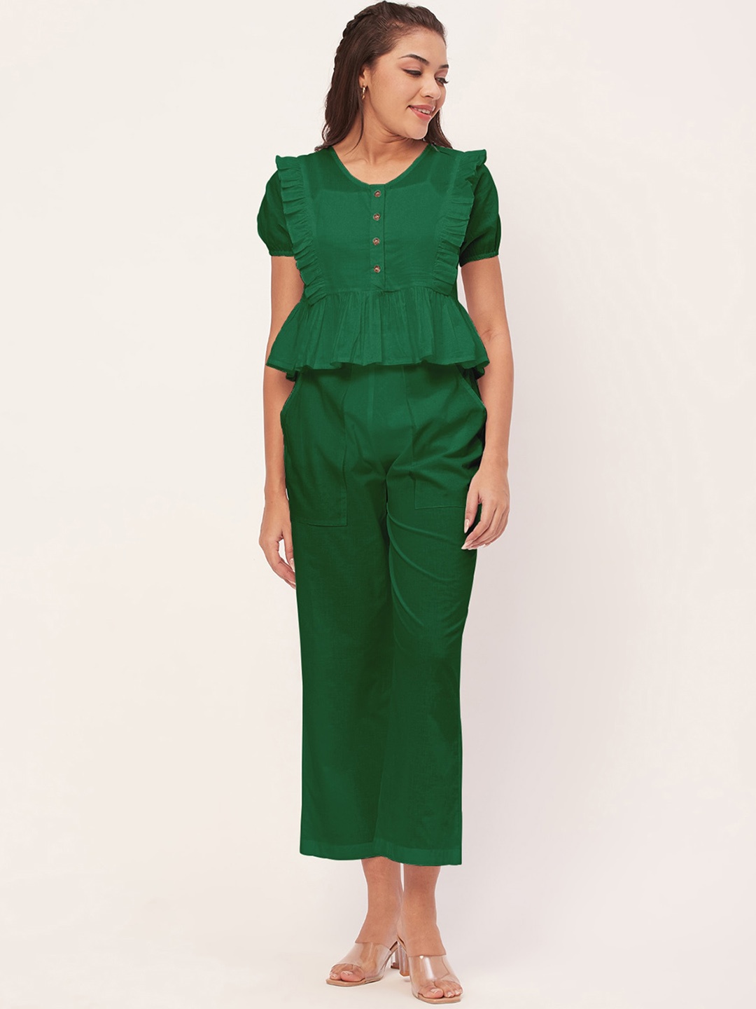 

Moomaya Round-Neck Pure Cotton Ruffles & Flounces Top With Trouser, Green