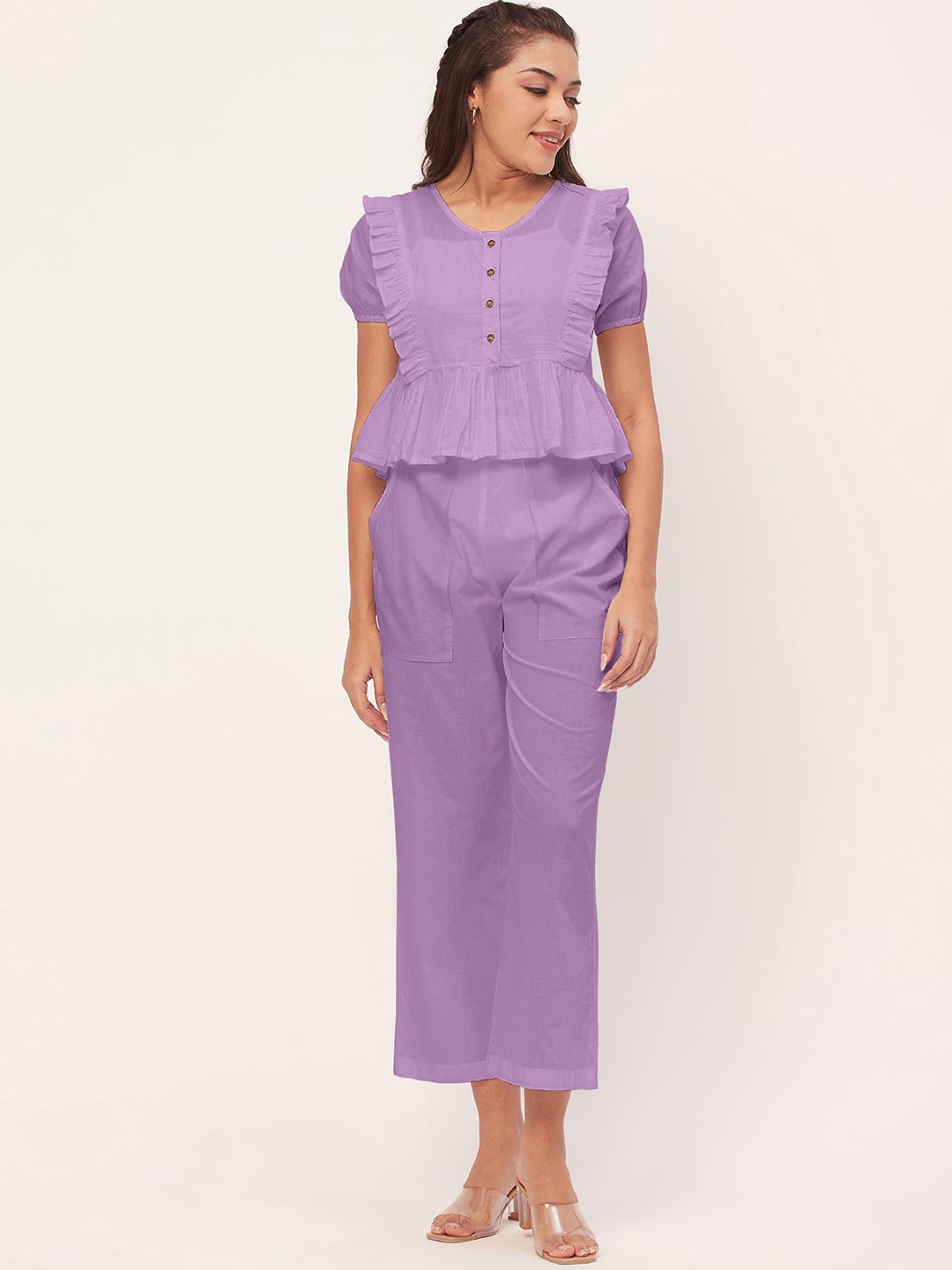 

Moomaya Pure Cotton Round Neck Top With Trouser Co-Ords, Lavender