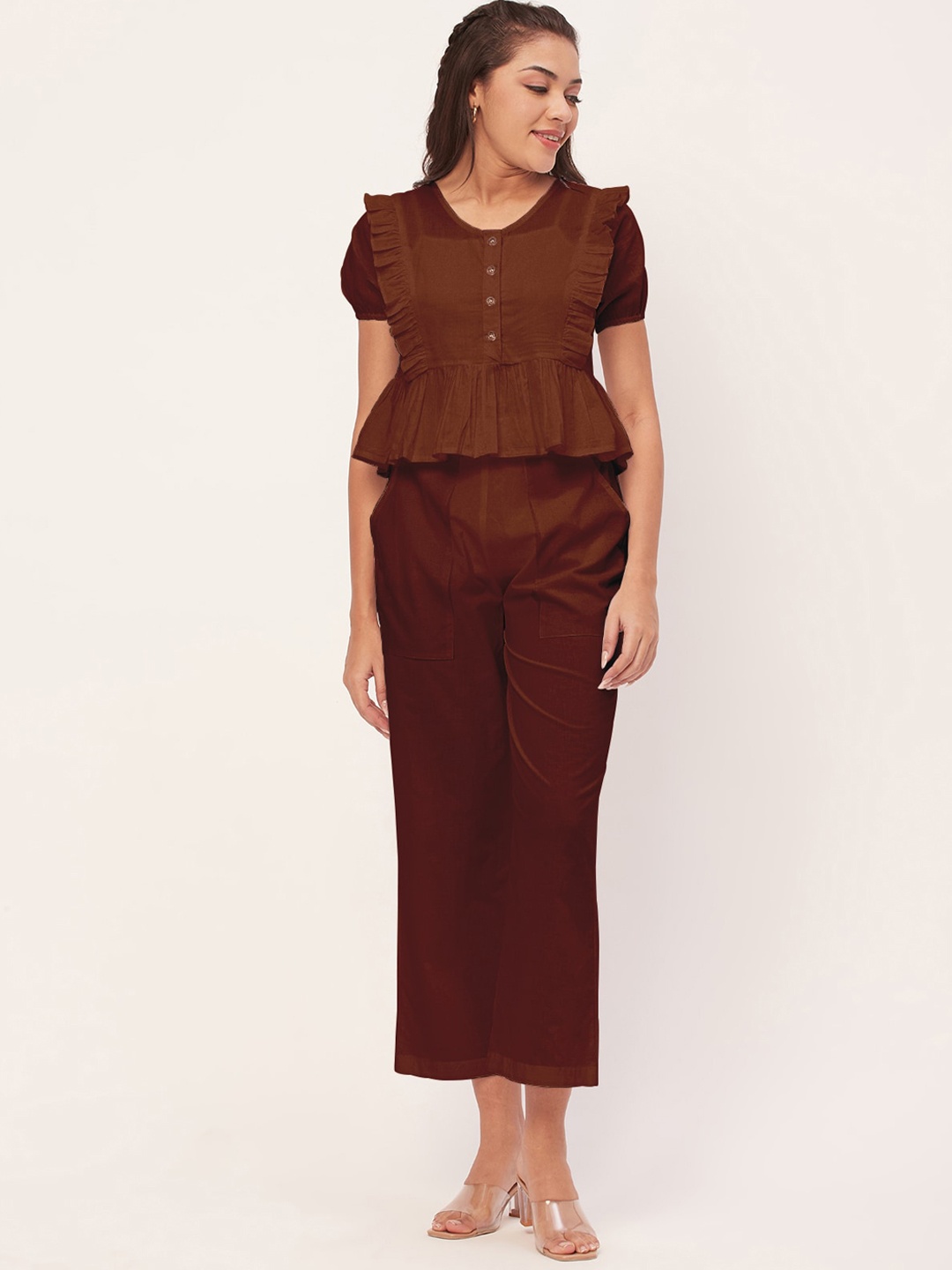Moomaya Pure Cotton Round Neck Top With Trouser Co-Ords, Brown