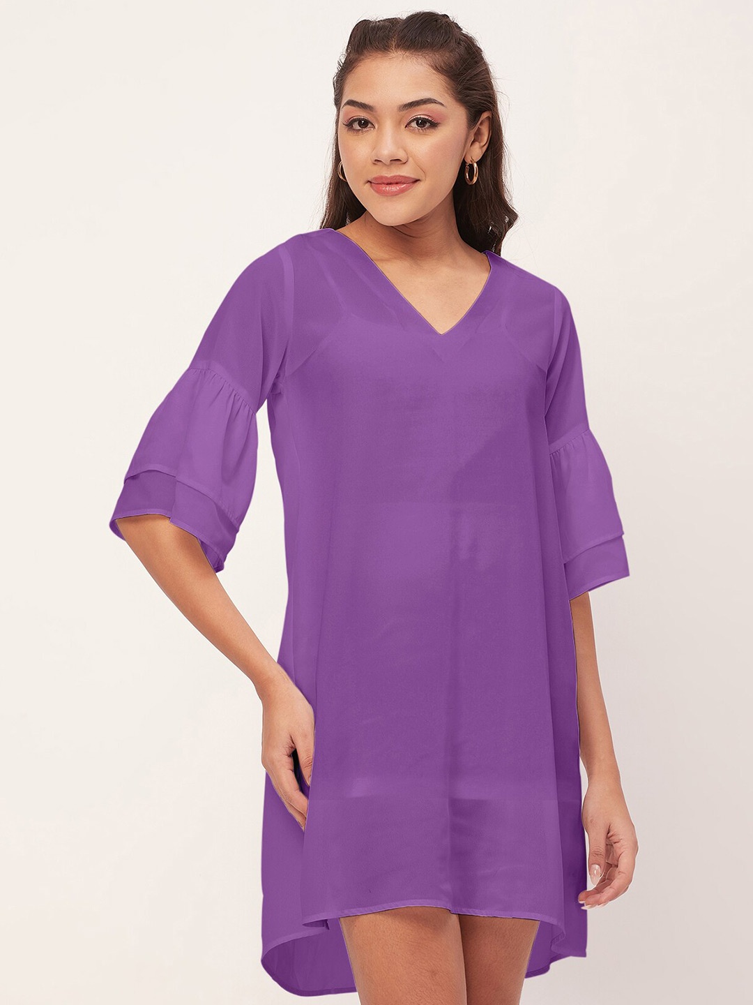 

Moomaya Bell Sleeves V-Neck High Low Mini A-Line Dress, Purple