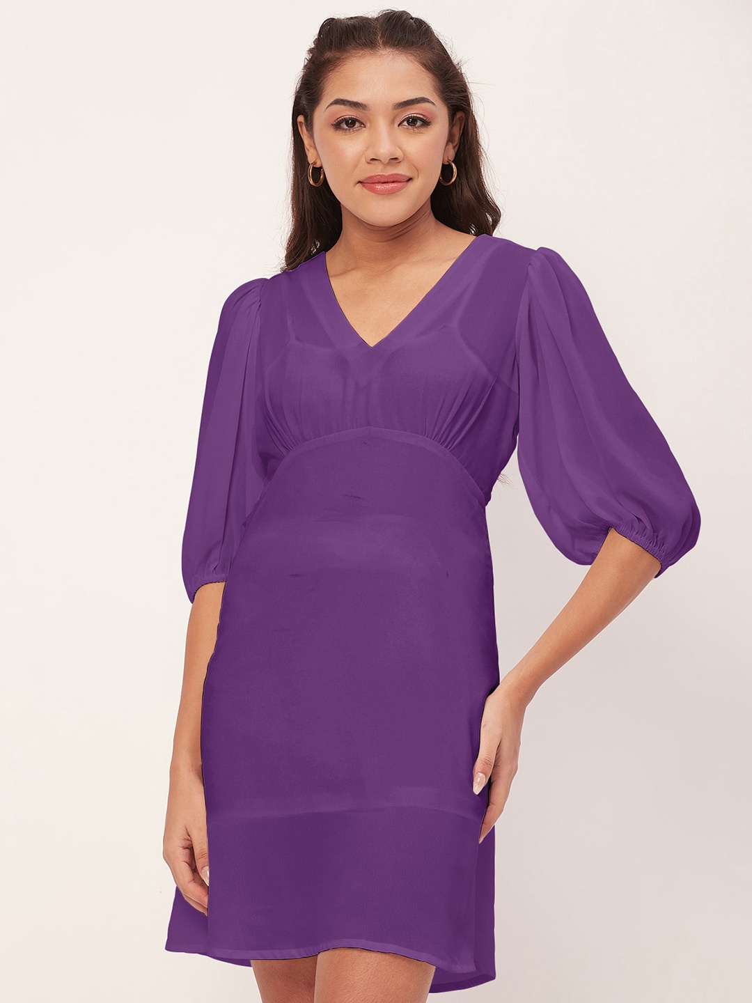 

Moomaya V-Neck Puff Sleeve Sheath Dress, Purple