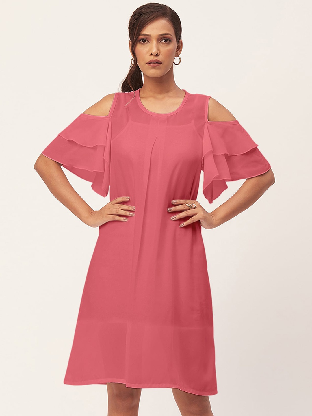 Moomaya Cold-Shoulder A-Line Dress, Coral