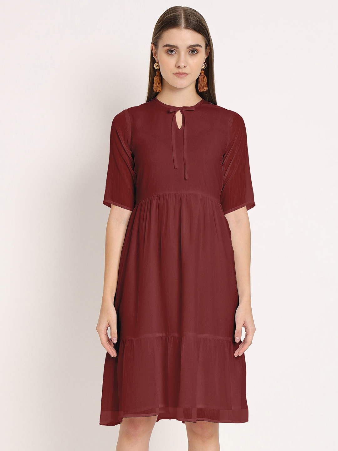 

Moomaya Keyhole Neck Chiffon A-Line Dress, Red