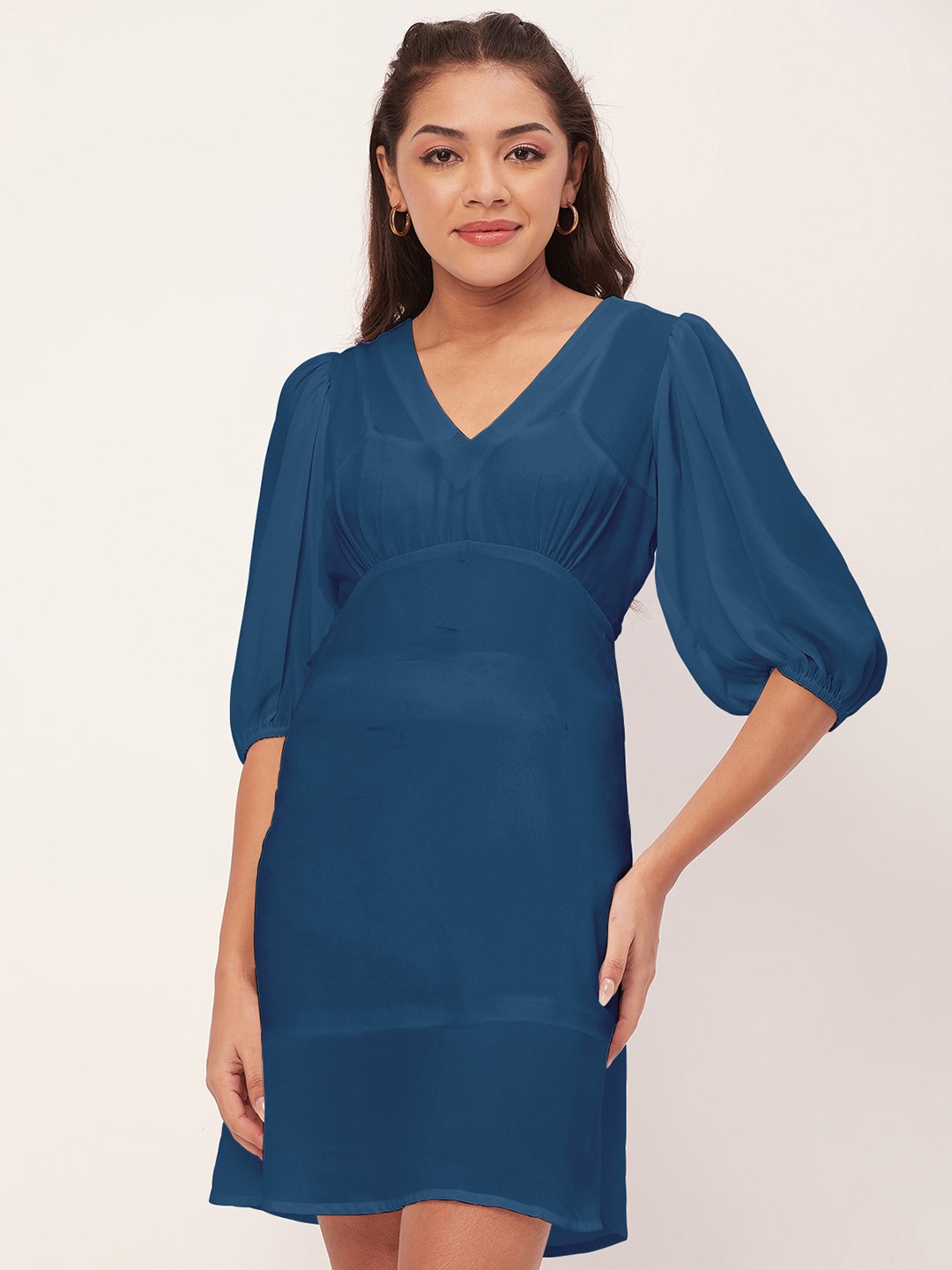 

Moomaya Puff Sleeve A-Line Dress, Blue
