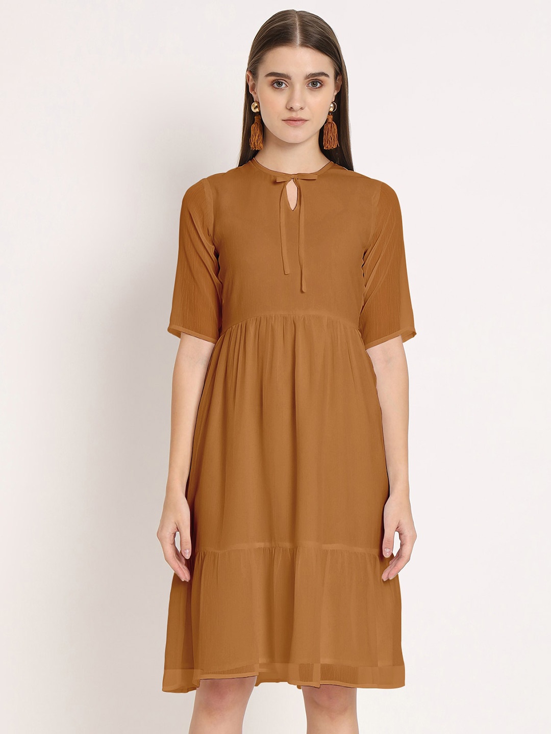 Moomaya Tie-Up Neck Chiffon A-Line Dress, Mustard