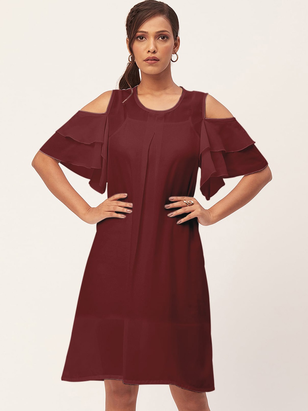

Moomaya Cold-Shoulder A-Line Dress, Maroon