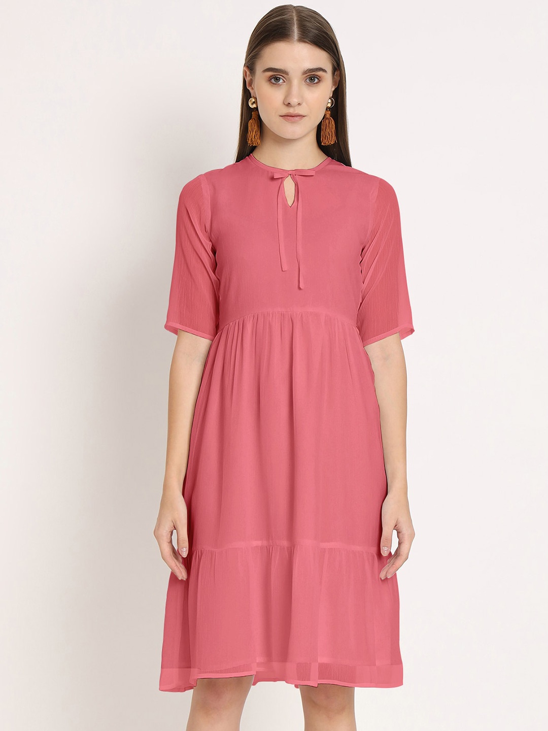 

Moomaya Tie-Up Neck Chiffon A-Line Dress, Pink
