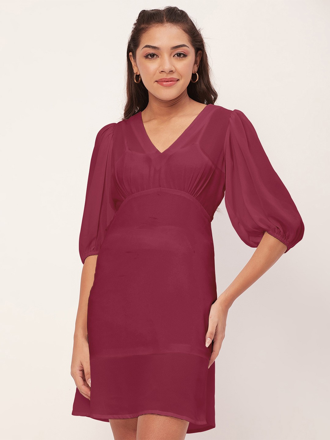 

Moomaya Puff Sleeve A-Line Dress, Magenta