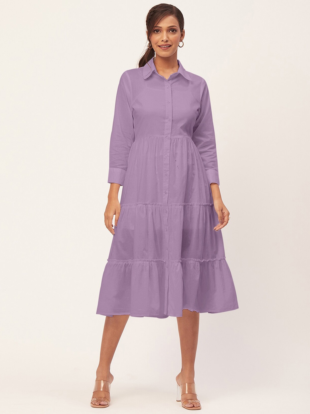 

Moomaya Tiered Shirt Style Cotton Midi Dress, Lavender