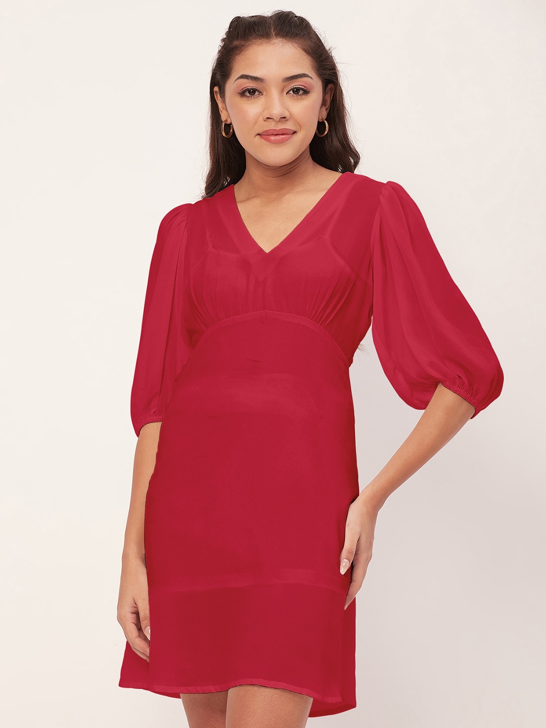 

Moomaya Puff Sleeve A-Line Dress, Red