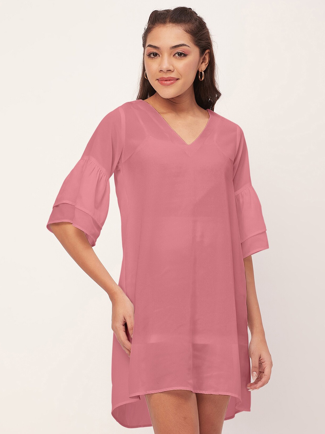

Moomaya V-Neck Bell Sleeves A-Line Dress, Pink