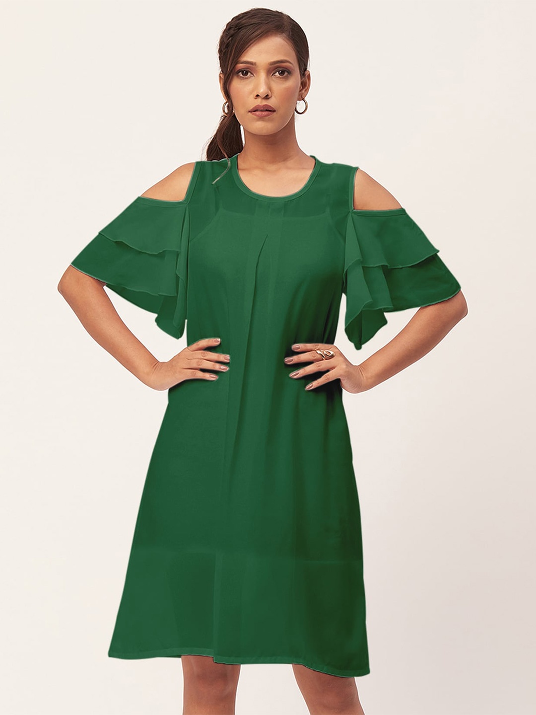 Moomaya Round Neck Cold-Shoulder A-Line Dress, Green