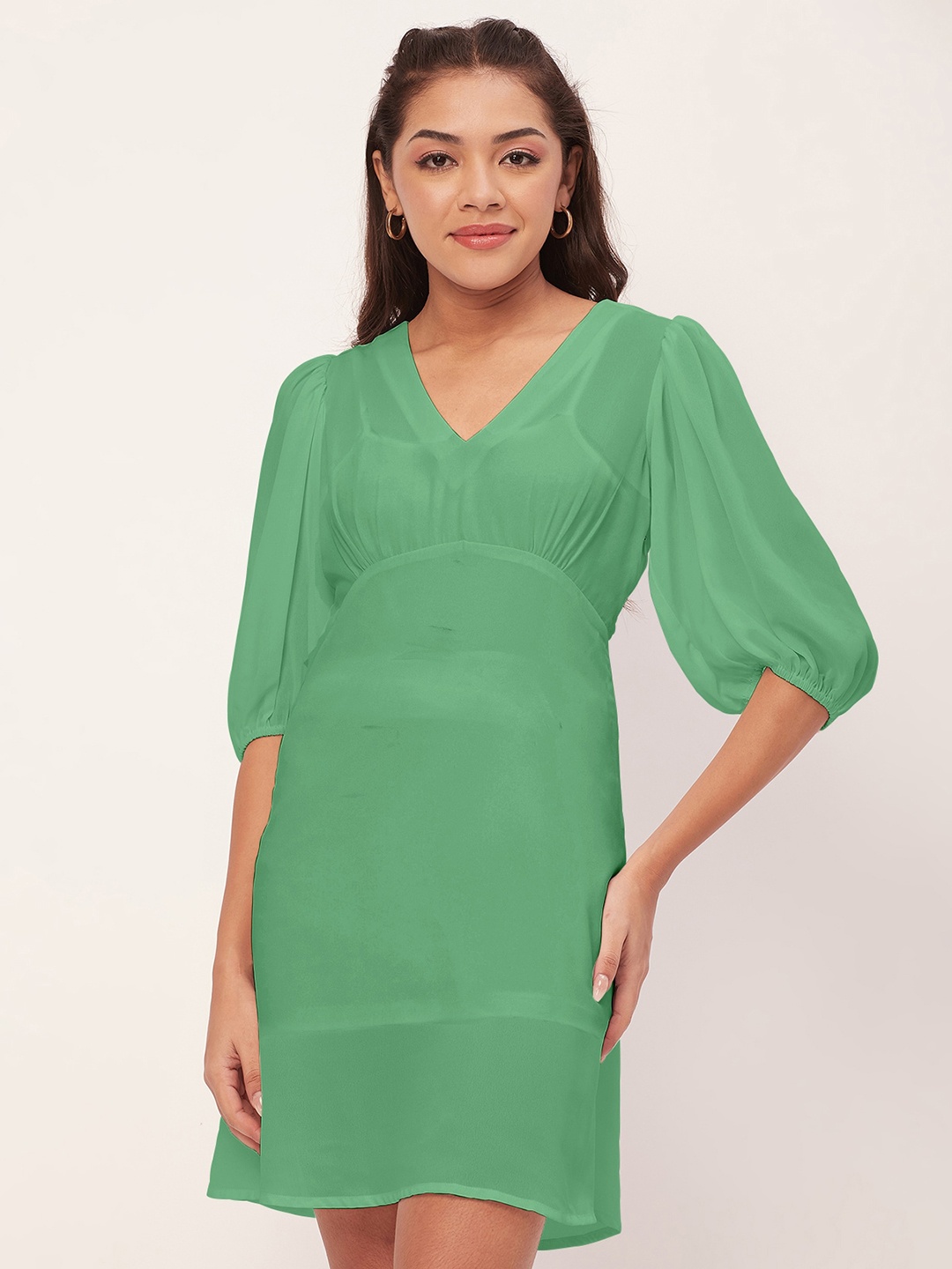 

Moomaya V-Neck Puff Sleeve A-Line Dress, Green