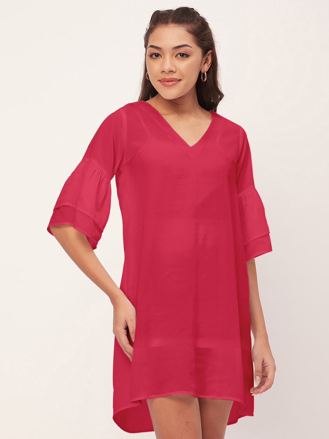 

Moomaya V-Neck Bell Sleeves A-Line Dress, Pink