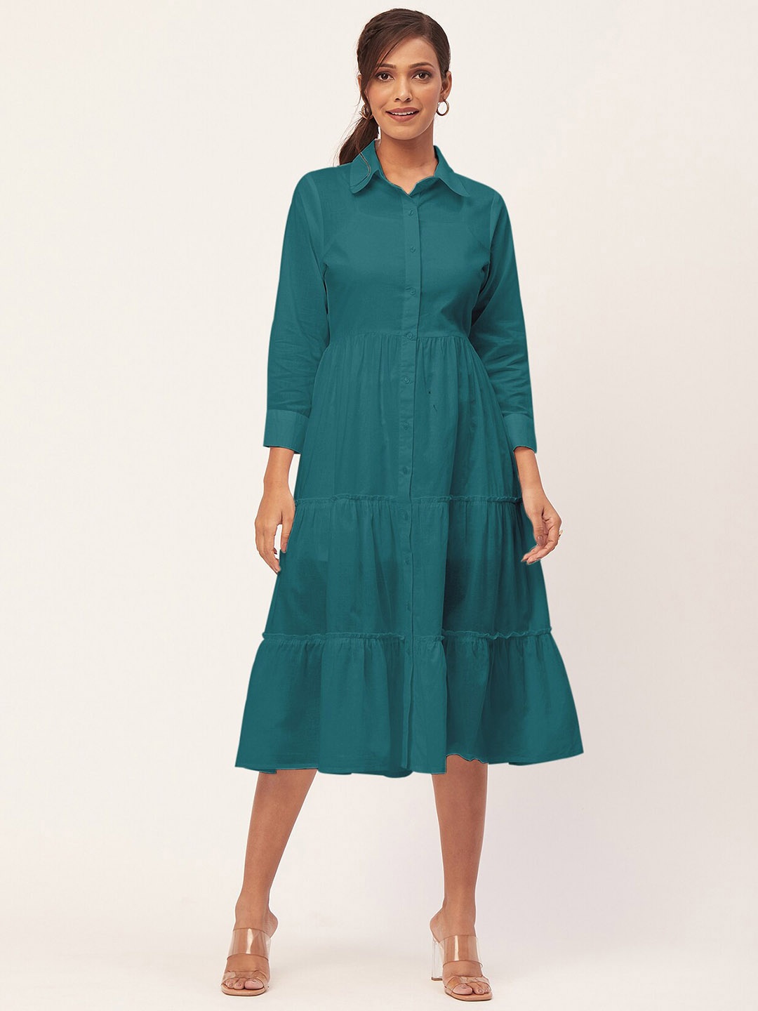 Moomaya Shirt Collar Tiered Cotton Shirt Style Dress, Teal