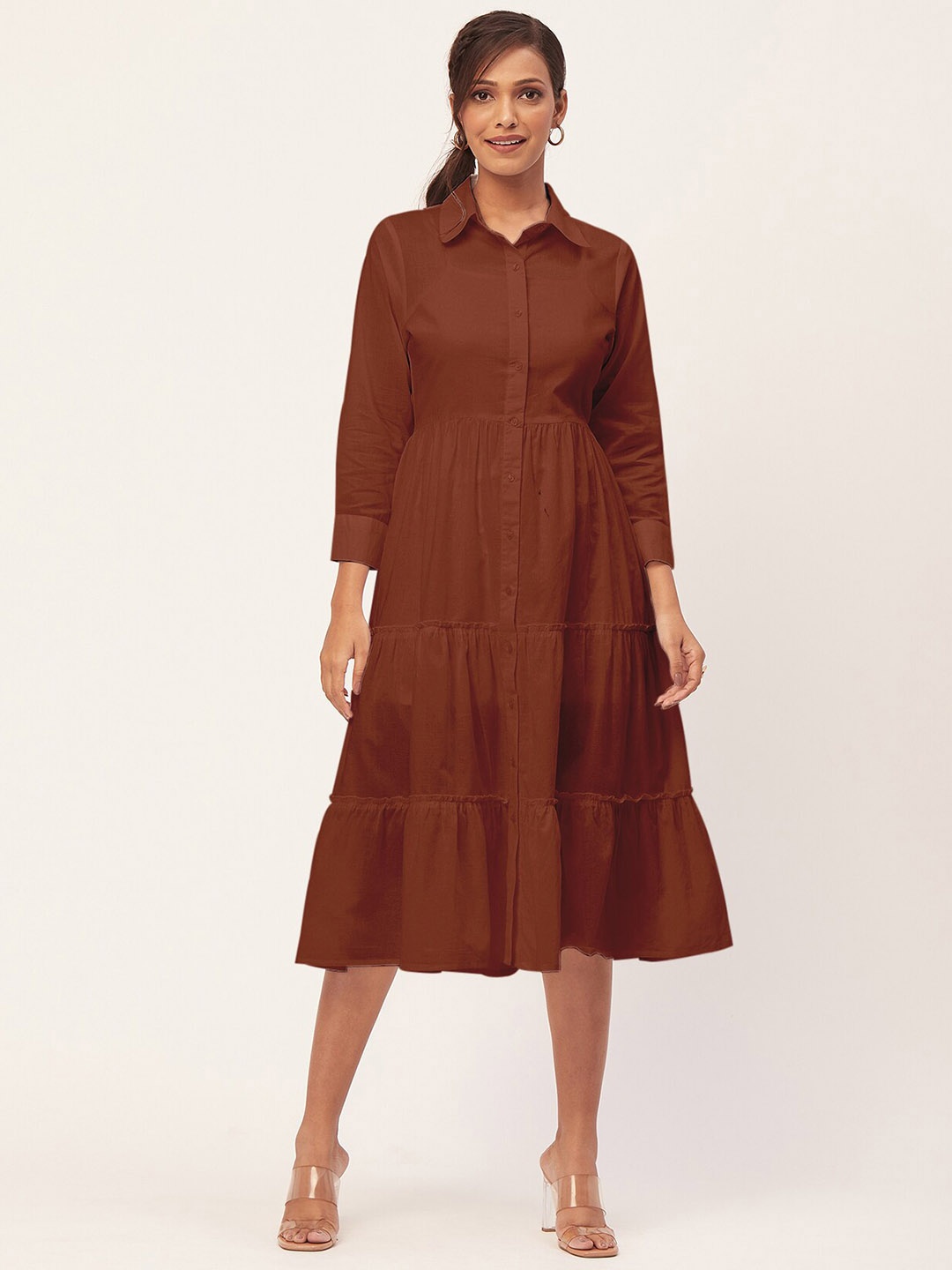 

Moomaya Shirt Collar Tiered Cotton Shirt Style Dress, Brown